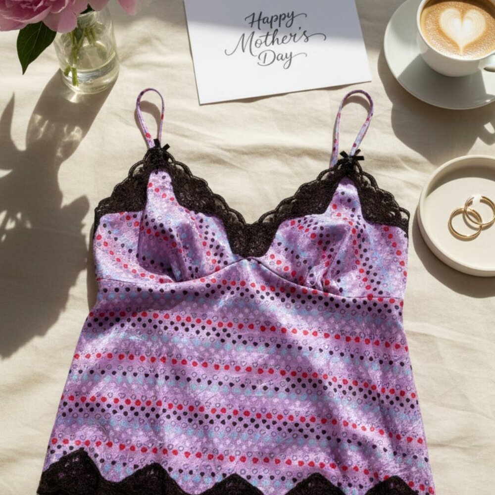 Y2k Candie's satin purple red lace inset cami‎ hearts top spaghetti straps Large